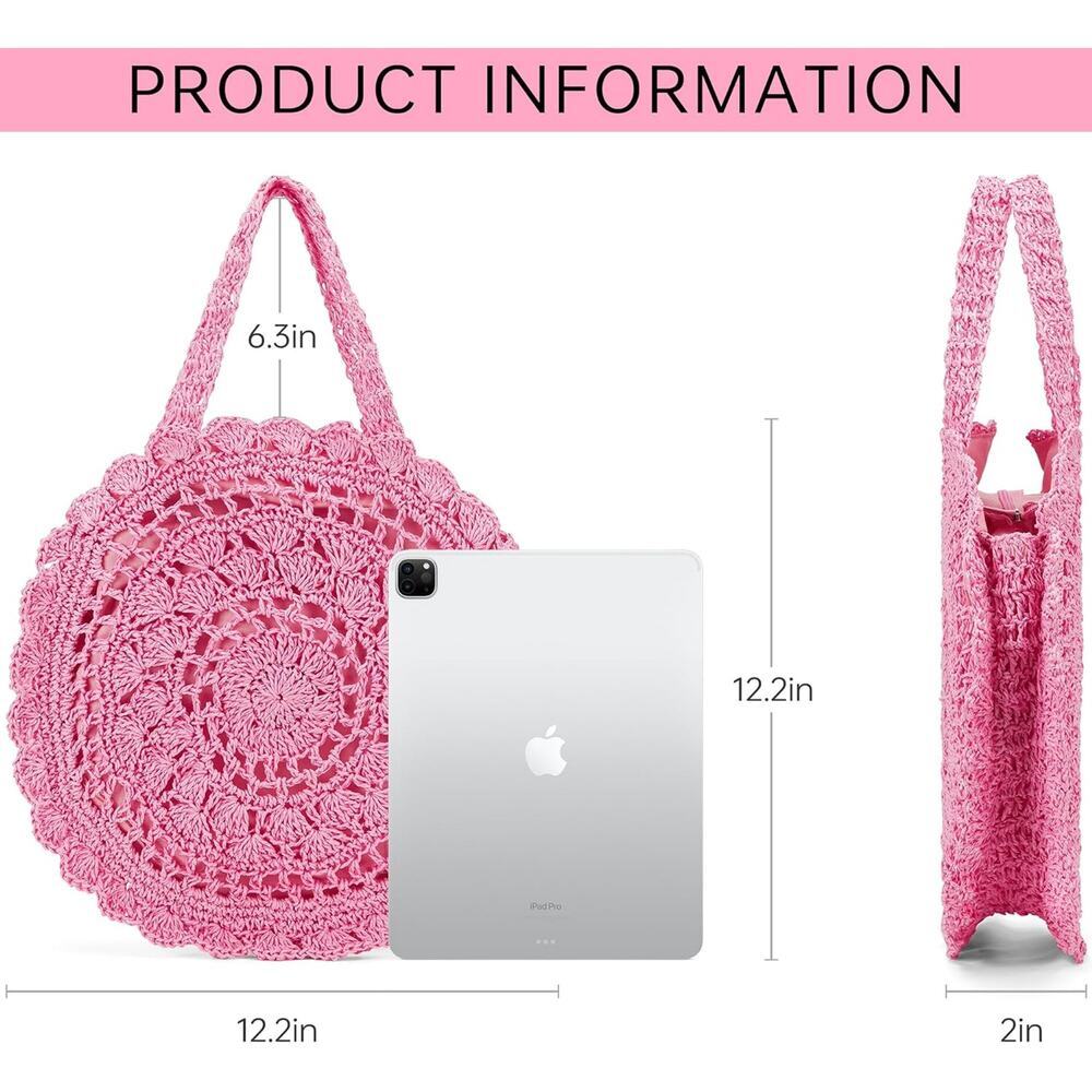 Pink Boho Handmade Woven Straw Bag Chic, Beach Tote, Lightweight & Trendy Spring - Picture 4 of 6